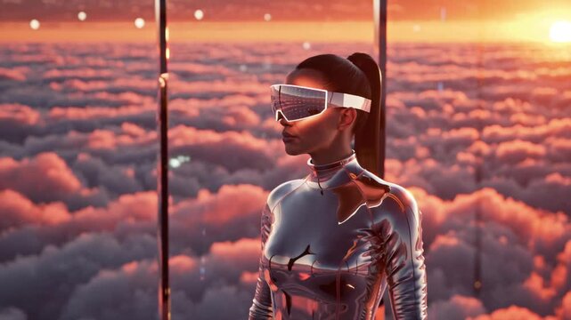 Cinematic medium shot woman reflective futuristic visor standing floating platform above clouds, volumetric sunlight breaking neon particles orbiting holographic UI overlays, slow 4K drone camera move