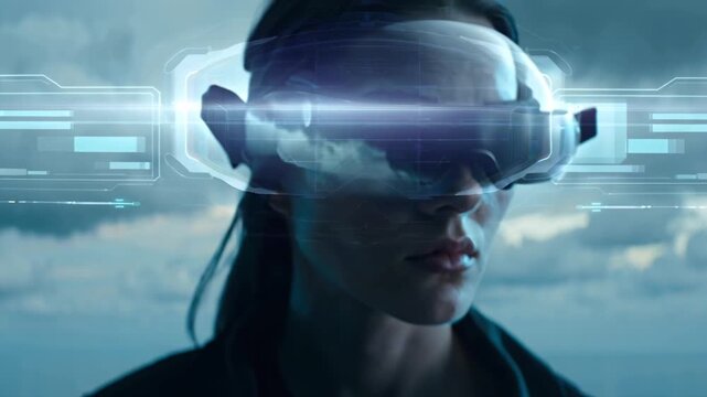 Cinematic close-up woman futuristic semi-transparent visor, stormy clouds overhead lightning reflections visor, digital particles floating, augmented reality holographic interface overlays slow motion