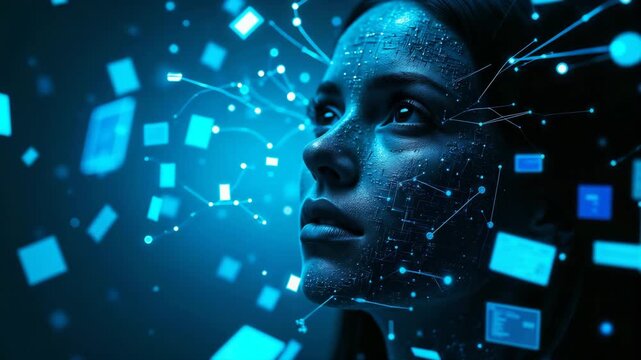 Futuristic human face with awakened mood opening eyes and observing glowing digital elements against dark technological background