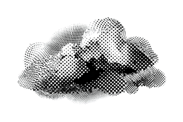 A grayscale halftone texture, forming an abstract blob on a black background