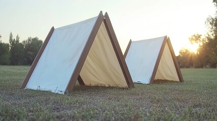 Heavy duty collapsible emergency shelters erected on grassy field under soft sunlight