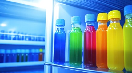 Colorful beverages in glass bottles stored on a shelf inside a cold refrigerator