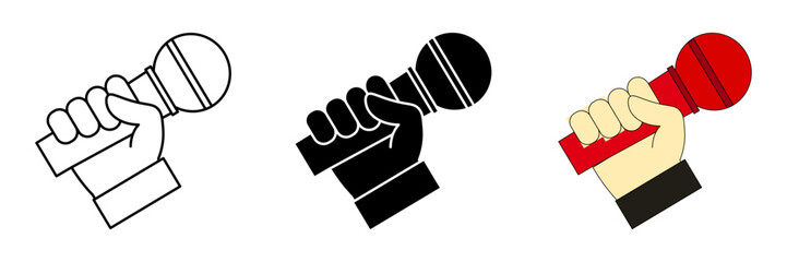 hand holding microphone set icon on white background