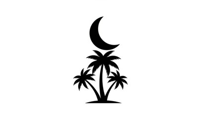 Black silhouette of tropical palm trees under a crescent moon on a white background for design and decoration with black and white and nature