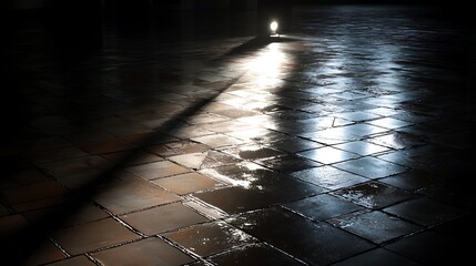 A dimly lit tiled floor reflecting a single light source, creating stark shadows