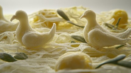 Delicate spun sugar creations in the form of doves on a textured sweet background