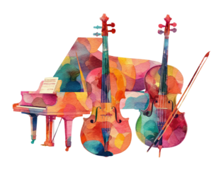 Colorful watercolor illustration depicts piano and two cellos against a black backdrop