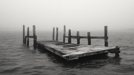 Fototapeta premium Dilapidated wooden pier with missing planks over dark water in foggy atmosphere