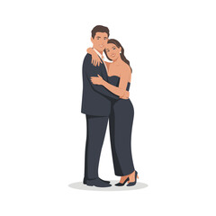 Fototapeta premium Flat Vector Illustration of Elegant Couple Hugging, Romantic Man and Woman in Formal Outfit, Modern Love Concept on Isolated Background
