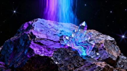 Glowing crystal formation on a rocky surface under cosmic light effects