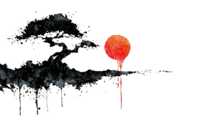 Artistic depiction of a tree silhouette with a bleeding sun against a stark black backdrop