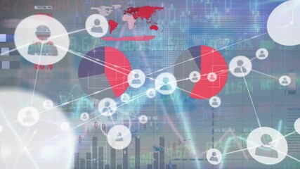 Animation of network of digital icons over statistical and stock market data processing - Powered by Adobe
