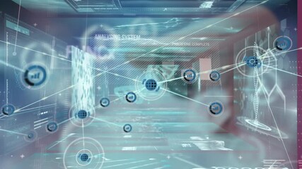 Animation of network of connections over data processing - Powered by Adobe