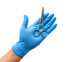 Gloved Hand Holding Surgical Scissors: Precision Medical Tool isolated on a transparent background
