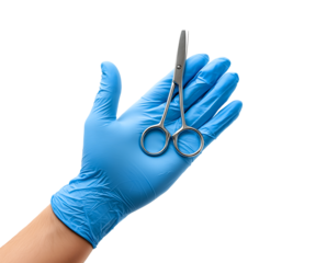 Gloved Hand Holding Surgical Scissors: Precision Medical Tool isolated on a transparent background