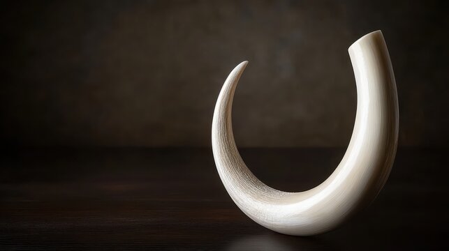Polished unblemished ivory tusks forming a gentle curve resting on a dark surface