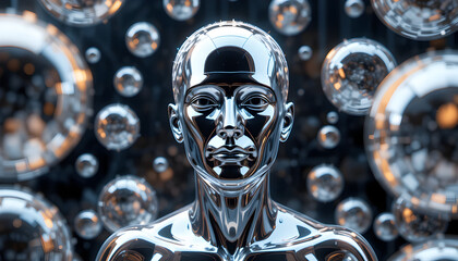 Shiny metallic humanoid robot with reflective surface among glowing orbs