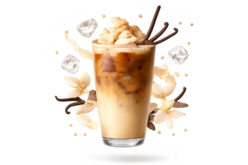 Iced latte with vanilla and cream on transparent background image.