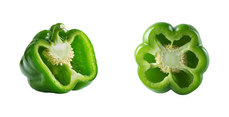Two Vibrant Green Bell Pepper Half Cut Revealing Seeds isolated on a transparent background