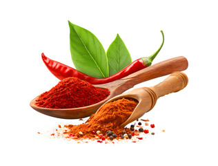 Spicy Hot Chili Powder and Red Peppers on Wooden Spoons, isolated on a transparent background