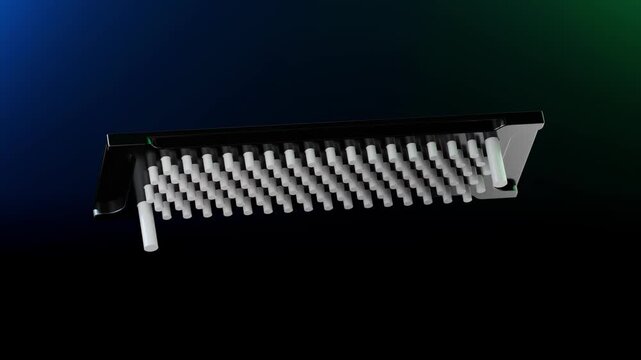 Chip with connection pins on black background. Central part of computer performing information conversion specified by program macro. 4K video animation