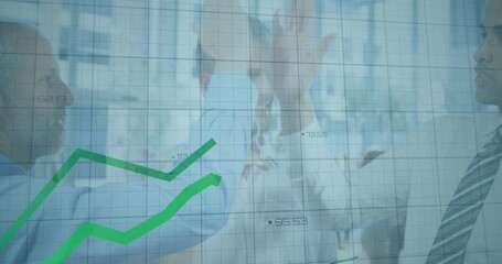 Animation of green lines, statistics and financial data processing over business people - Powered by Adobe