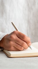 Close-up realistic photography of hands making notes in a notebook, high detail, selective focus, photorealistic style