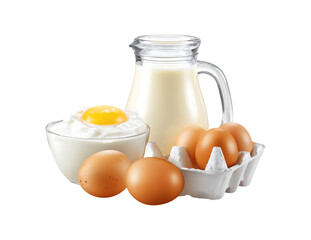 Fresh Baking and Breakfast Essentials: Milk, Cream, and Brown Eggs isolated on a transparent background