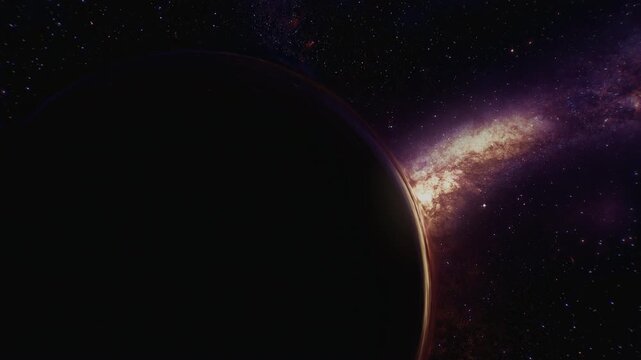 Planet Eclipse with Spiral alaxy	black-hole, eclipse,planet, galaxy, space, cosos, rotation, celestial, nbula, stars, silhouette, lminous, golden, orange, purple, amber, spiral, astronomy, deep-space,