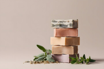 Handmade soap stack with herbs on a simple background during daylight