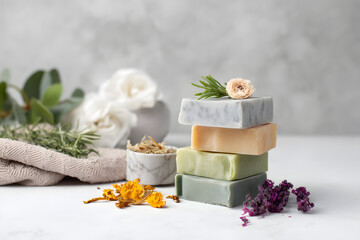 Natural soap bars stacked on a white surface with herbs and flowers in a simple setting