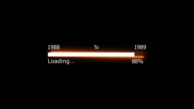 Loading 100 percent complete progress bar digital interface technology modern design white color 4k illustration. New year 1988 to 1999 loading. Neon bright rectangle frame black background.
