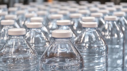 Large transparent plastic bottles filled with clear potable water in a storage facility