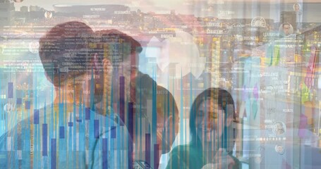 Animation of financial data processing over diverse business people in office - Powered by Adobe