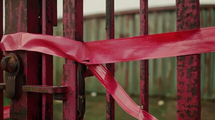Red warning tape stretched across a rusted metal gate signifying a restricted or danger zone