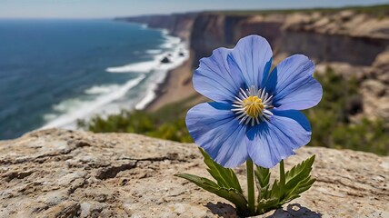 Vibrant blue blossom blooming from rock crevice overlooking high seaside cliffs