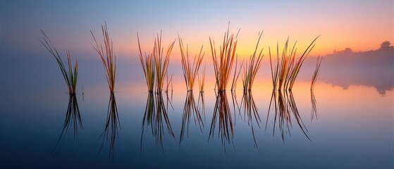 Serene dawn at the lake with reflective grasses