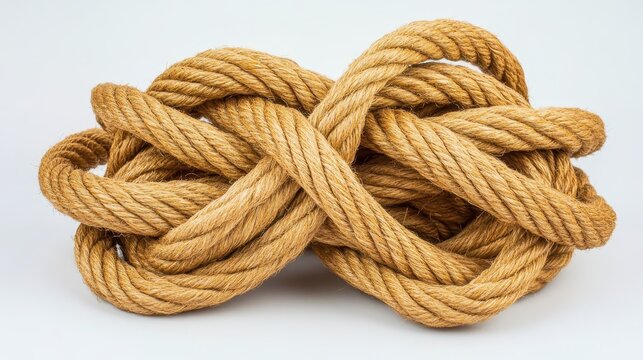 Close up of knotted hemp rope on a plain white backdrop
