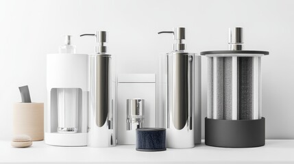 Two sleek chrome and white soap dispensers and a filter element on a white surface