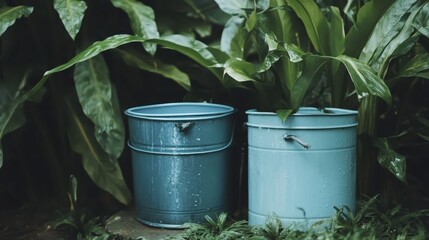 Two teal metal buckets holding water outdoors among lush green foliage and plants