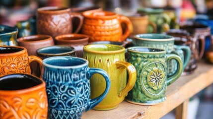 Close up view of handcrafted ceramic mugs with colorful drinks