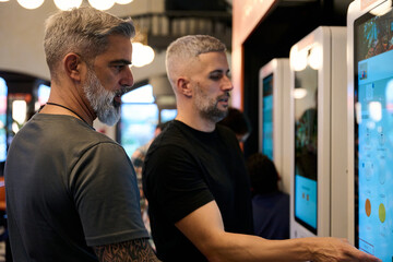Men ordering food from interactive touch screen kiosk