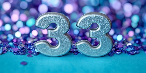 Sparkling Silver 33 on a Bright Turquoise Background with Festive Bokeh and Shiny Particles