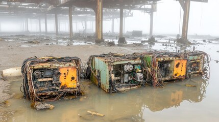 Waterlogged industrial salvage with exposed wires and machinery submerged in muddy water under a decaying structure