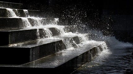 Black stone steps cascading water in a sunlit fountain, creating a dynamic display