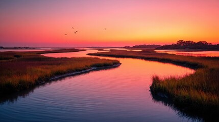 Obraz premium Serene sunset over winding river in marshland