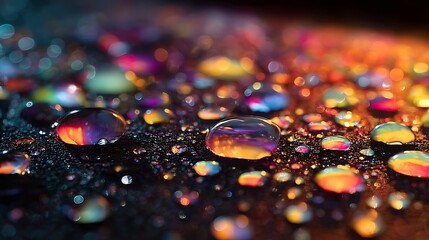 Close-up macro of water droplets displaying colorful refractions on a dark, textured surface