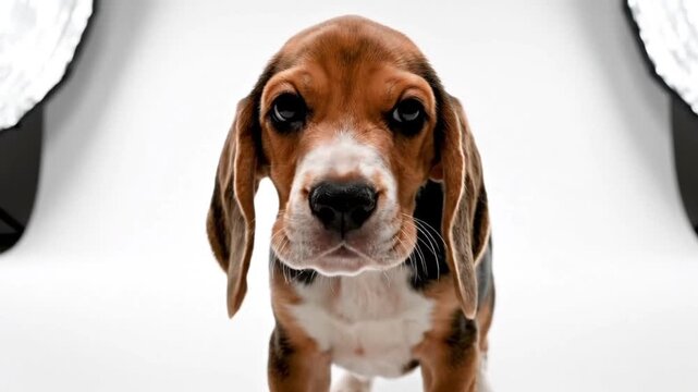 Beagle puppy in front view against a white backdrop with softbox lighting visible on either side