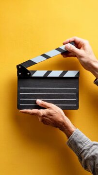 Male hands holding and clapping a black clapperboard to mark the beginning of a film scene, indicating action and start of shooting against a vibrant yellow background in a studio