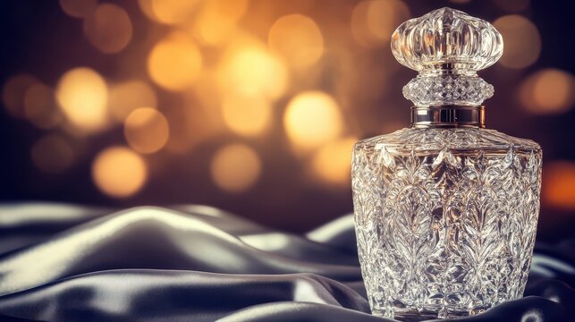 Ornate crystal perfume bottle on shimmering silk display